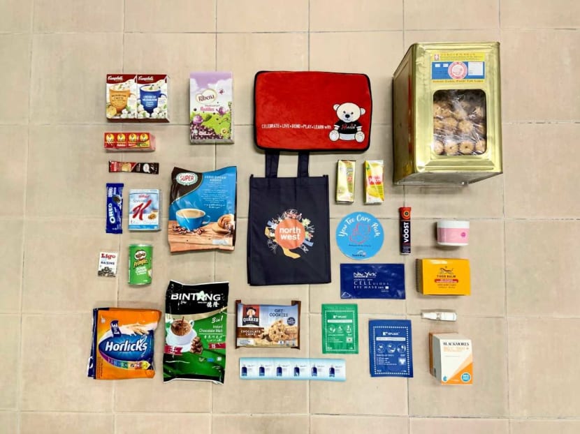 The contents of packages distributed by North West Community Development Council to Tan Tock Seng Hospital's staff members on May 12, 2021.
