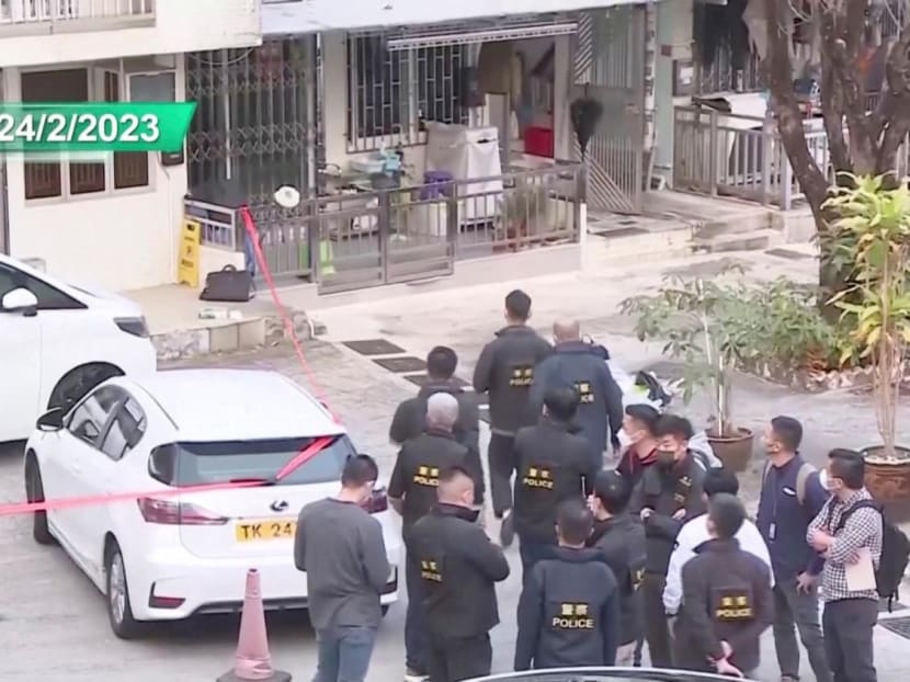 Police seals off the village house where 28-year-old model Abby Choi was suspected to have been dismembered, in Tai Po District, Hong Kong, China, February 24, 2023 in this screen grab taken from a handout video. 