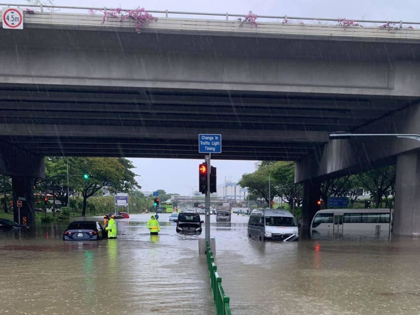 Flooding at the junction of Tampines Avenue 10 and Pasir Ris Drive 12 on Aug 20, 2021.