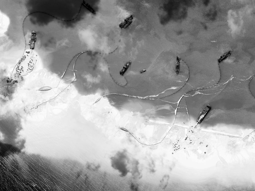 A satellite image showing dredgers working at the northern-most reclamation site of Mischief Reef in the South China Sea in March. For Beijing, the claims are not about resources, but security and its historical view that this was a Chinese sea. Photo: CSIS’ Asia Maritime Transparency Initiative via The New York Times