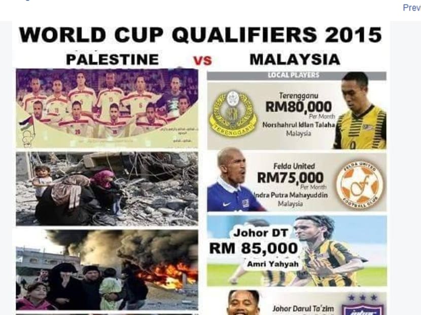 A screenshot showing a Facebook post comparing the monthly salaries of Malaysian players to highlight the difference between the Malaysian and Palestinian teams. Photo: Malaya Tigers - Kelab Penyokong Tegar Harimau Malaya/Facebook