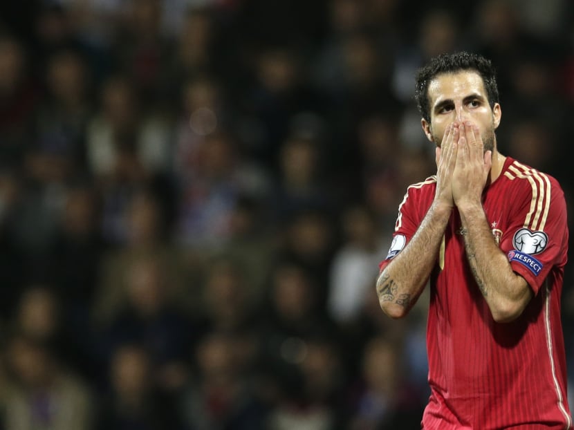 Spain's Cesc Fabregas reacts during the Group C Euro 2016 qualifying match between Slovakia and Spain in Zilina, Slovakia. Photo: AP