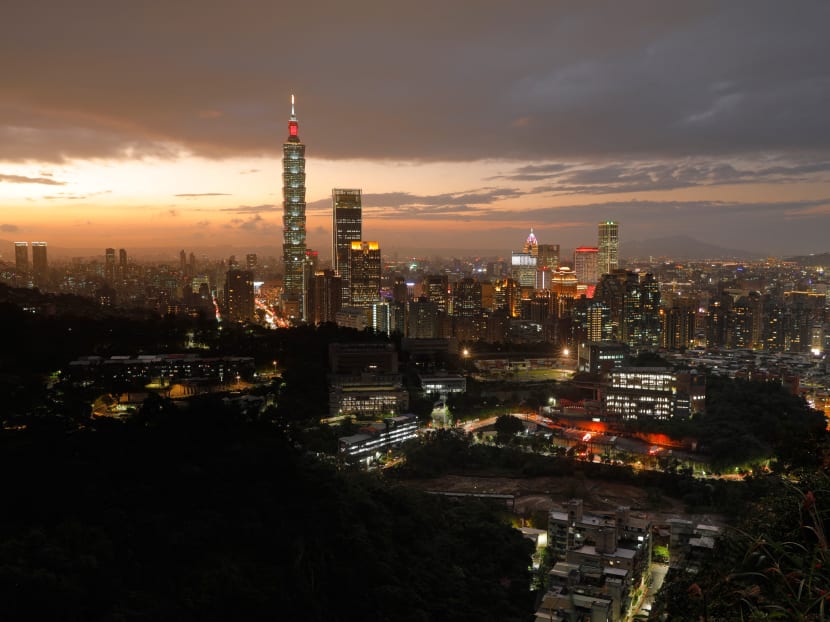 The Taipei skyline at taken at sunset.