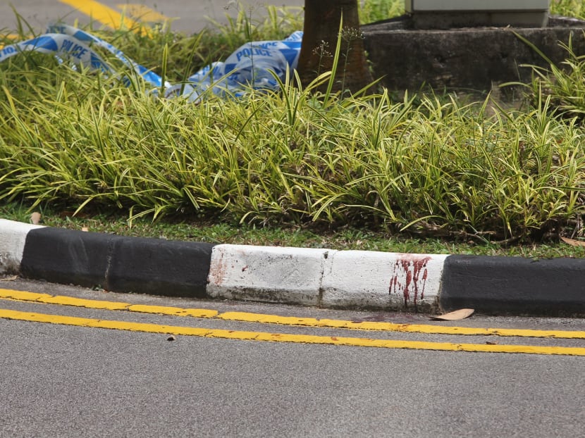 Blood stains on a kerb at the parking lot at Park View Mansions, Yuan Ching Road where investigations are currently ongoing. Photo: Don Wong Blood stains on a kerb at the parking lot at Park View Mansions, Yuan Ching Road where investigations are currently ongoing. Photo: Don Wong