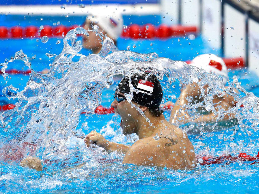 Joseph Schooling reacts after winning his 100m butterfly race at the Rio Olympics. Photo: Getty Images.