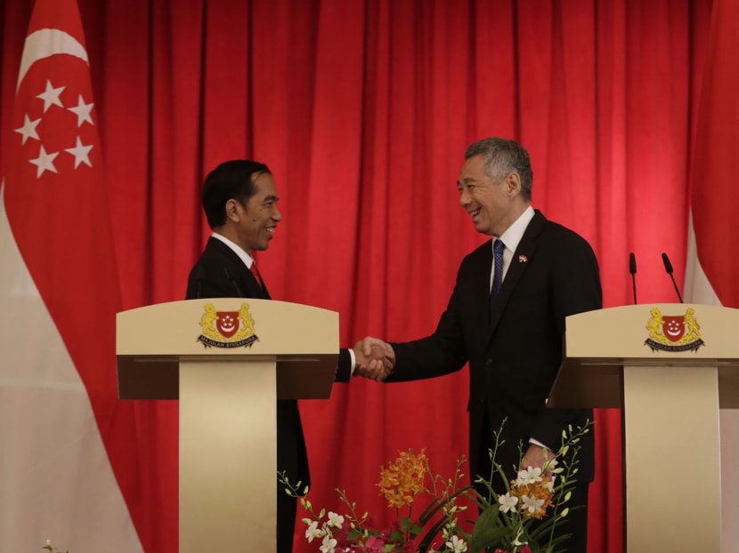 President of Indonesia Joko Widodo (left) and Singapore  Prime Minister Lee Hsien Loong shake hands during the Joint Press Conference at Istana on 28 July 2015. Photo: Wee Teck Hian/TODAY