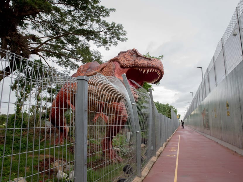 Dinosaur displays beside the Changi Airport connector that links to East Coast Park and the Park Connector Network on Sunday, Oct 11.
