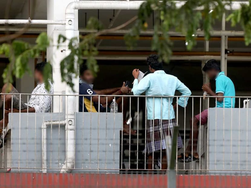 Workers gathering at a common area at Sungei Tengah Lodge on April 16, 2020. Workers gathering at a common area at Sungei Tengah Lodge on April 16, 2020.