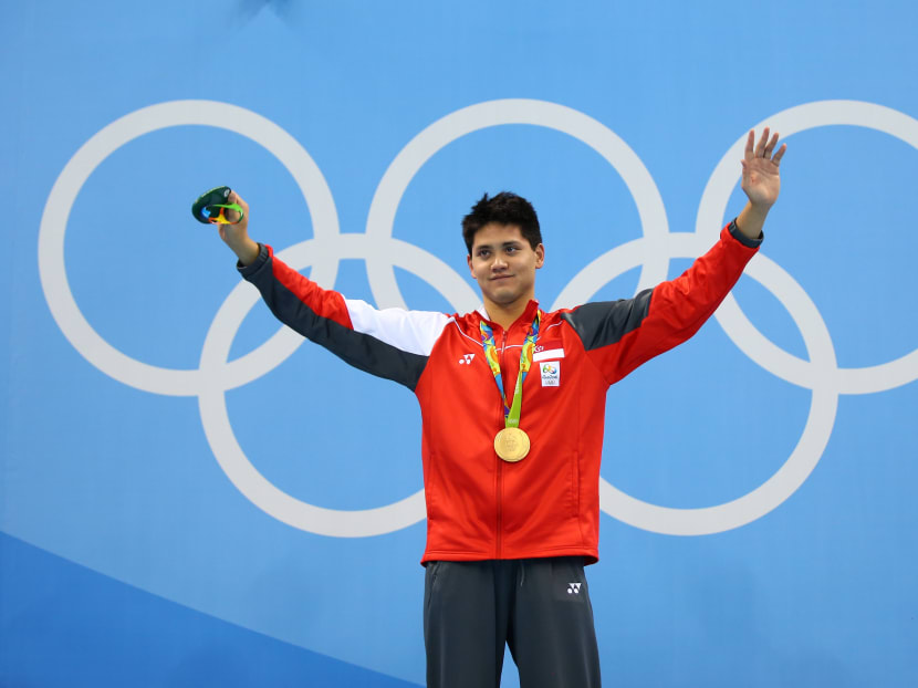 Swimmer Joseph Schooling celebrating after his gold medal win in the men’s 100m butterfly final at the Rio Olympics. Photo: Getty Images