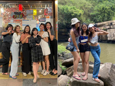In the left photo, the author (second from right) was at a farewell dinner with the Thai friends she had met on her previous exchange programme. In the right photo, she (in the middle) was on a trip with her Thai friends to Khao Kho in Phetchabun province. 
