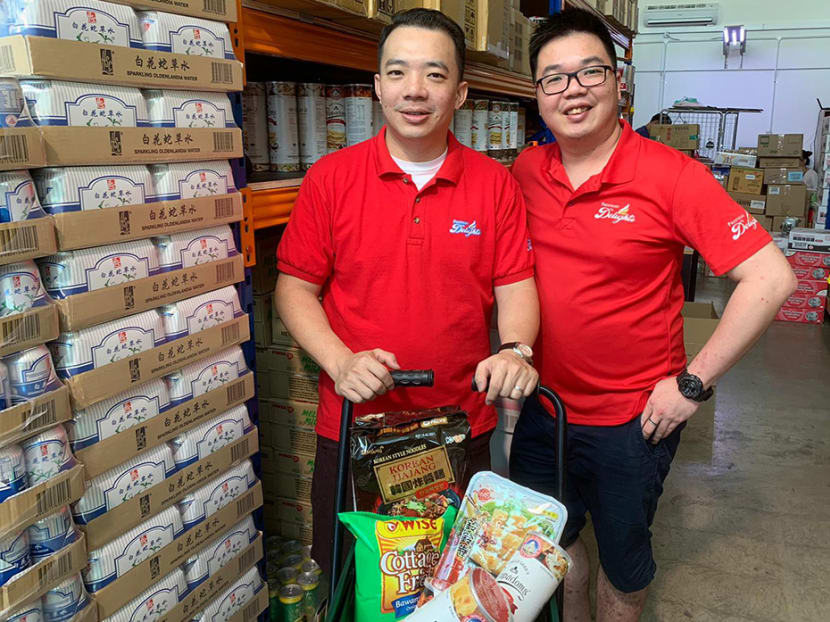 When Mr Edwin Oh (left) and Mr Alan Siek set up Prestigio Delights, they initially sold fitness equipment on the Lazada e-commerce platform before eventually finding their niche in selling groceries in 2017.