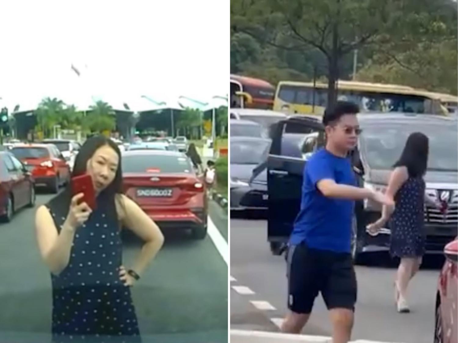 A screen grab of the woman and man allegedly involved in the road rage incident at Tuas Second Link.