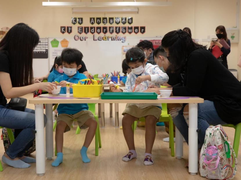 Kindergarten 1 students and their parents on the first day of school at the Ministry of Education Kindergarten located at Waterway Primary School on Jan 4, 2021. Kindergarten 1 students and their parents on the first day of school at the Ministry of Education Kindergarten located at Waterway Primary School on Jan 4, 2021.