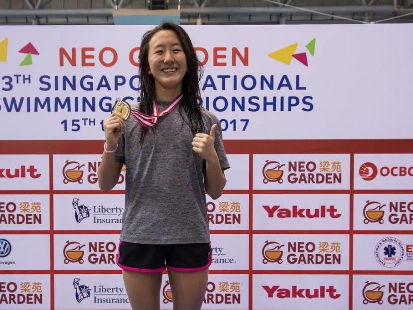 Quah Jing Wen, seen here at the recent 13th Singapore National Swimming Championships, won her second Commonwealth Youth Games gold medal when she finished first in the girls' 100m freestyle. Photo: Singapore Swimming Association