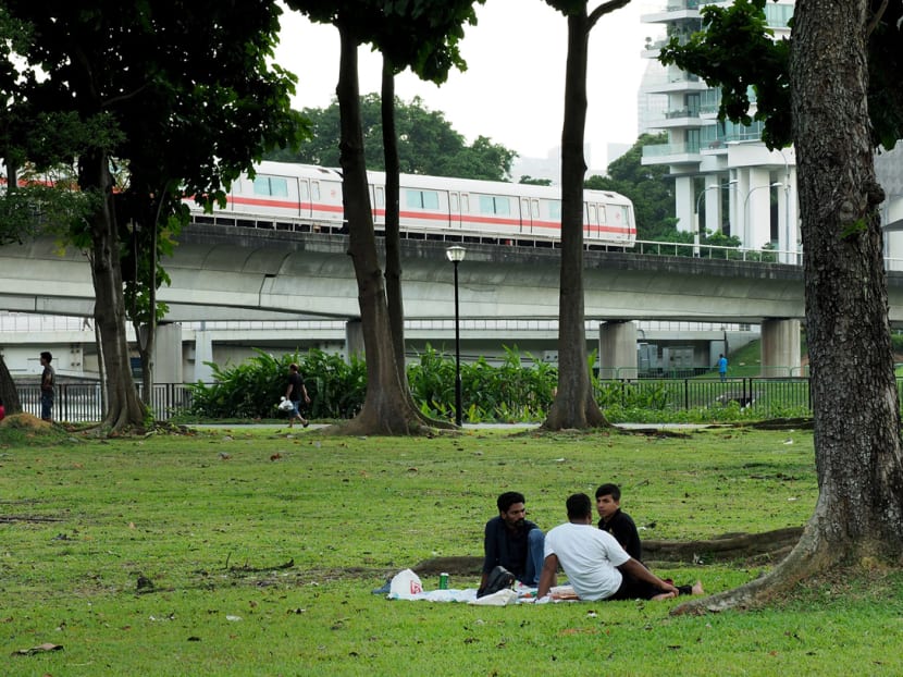 Foreign workers hanging out at the open area near Kallang MRT station in December, 2017. Foreign workers hanging out at the open area near Kallang MRT station in December, 2017.