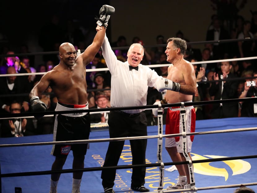 Mitt Romney lasts 2 rounds against Evander Holyfield in boxing match
