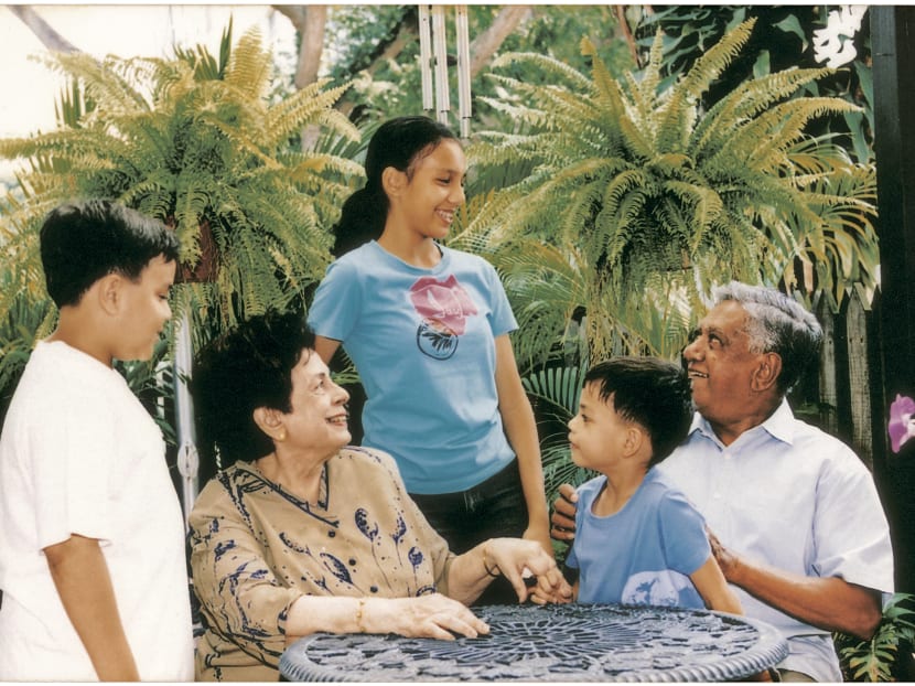 Mr S R Nathan with his wife Madam Urmila Nandi and their grandchildren. In recent years, he had retreated more and more from the public eye, but he was a familiar face to early morning joggers and others at East Coast Park, where he went regularly for a morning walk. Photo: Mr Nathan's personal collection