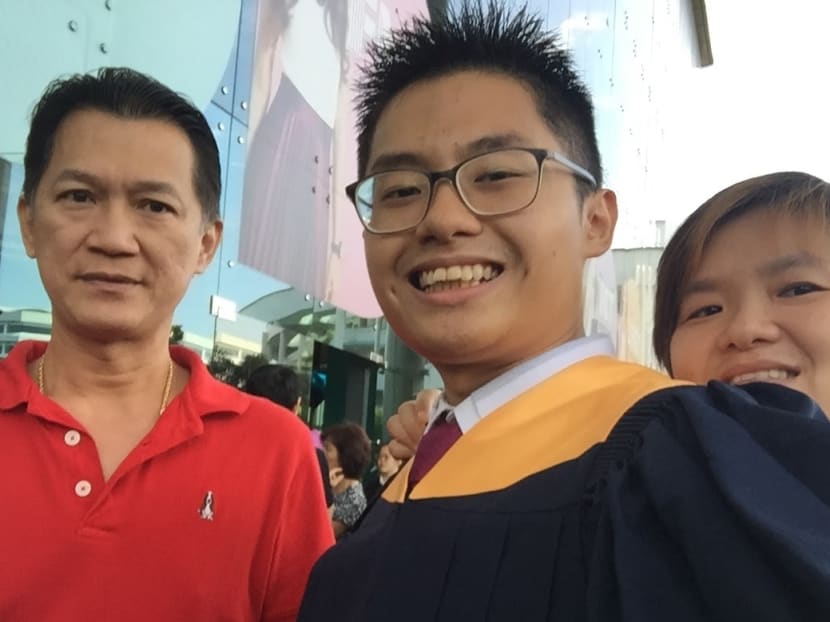 The author with his parents at his Ngee Ann Polytechnic graduation ceremony in 2017.