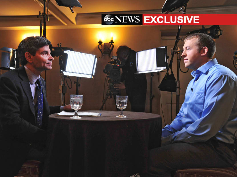 ABC News' chief anchor George Stephanopoulos (left) interviews Ferguson police officer Darren Wilson on Nov 25, 2014 in Missouri. Photo: ABC News/AP