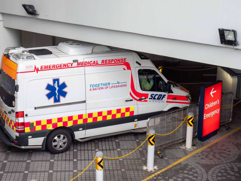 An ambulance at the vehicle bay for the children’s emergency unit at&nbsp;KK&nbsp;Women’s and Children’s&nbsp;Hospital.