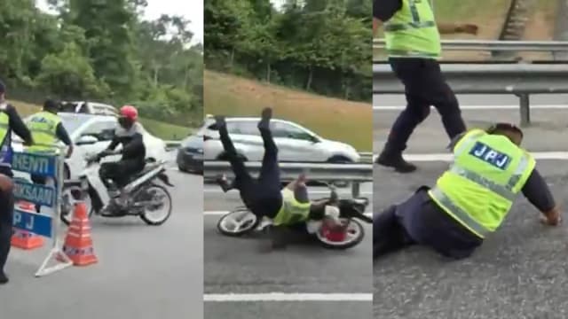 马国摩托骑士速度太快 遇路障直接把执勤官员撞飞