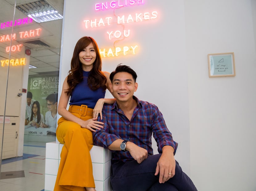 The author and her husband at one of four tuition centres they run. She says the launch of the first centre in 2016 caused stressed on their marriage.