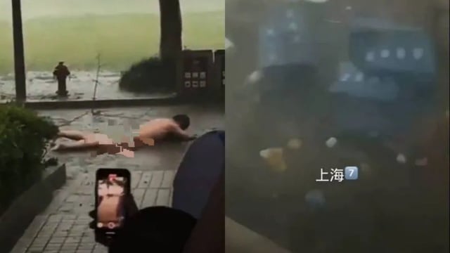 上海遭狂风暴雨袭击 隔离设施浴室等被吹走 男子尴尬赤裸趴地