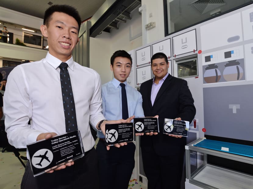 From right: Hisham Tarek Bary, Dexter Tan Jun Yuan and Elston Cheah Kai Shean were among the six students who developed patents during their time in Singapore Polytechnic, as part of a collaboration with Boeing. Photo: Robin Choo