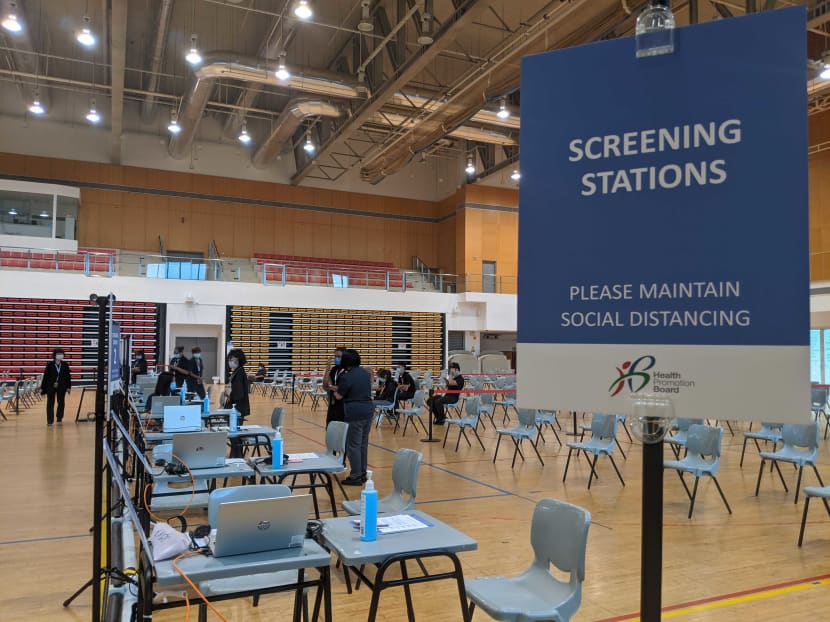 The vaccination centre being set up at ITE College Central pictured on June 4 2021, one of three Institute of Technical Education campuses being used for this purpose.