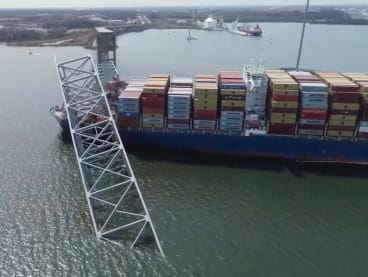 A drone view of the Dali cargo vessel, which crashed into the Francis Scott Key Bridge causing it to collapse, in Baltimore, Maryland, United States on March 26, 2024, in this still image taken from a handout video. 