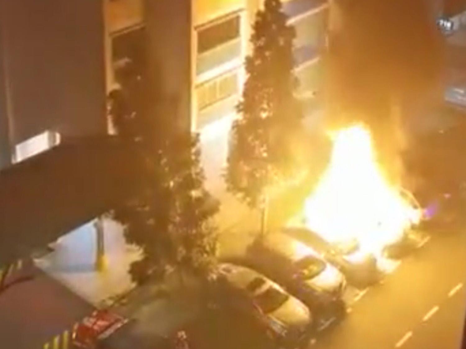 A man was taken to the Singapore General Hospital for burn injuries and four vehicles were damaged in a blaze at a public car park.
