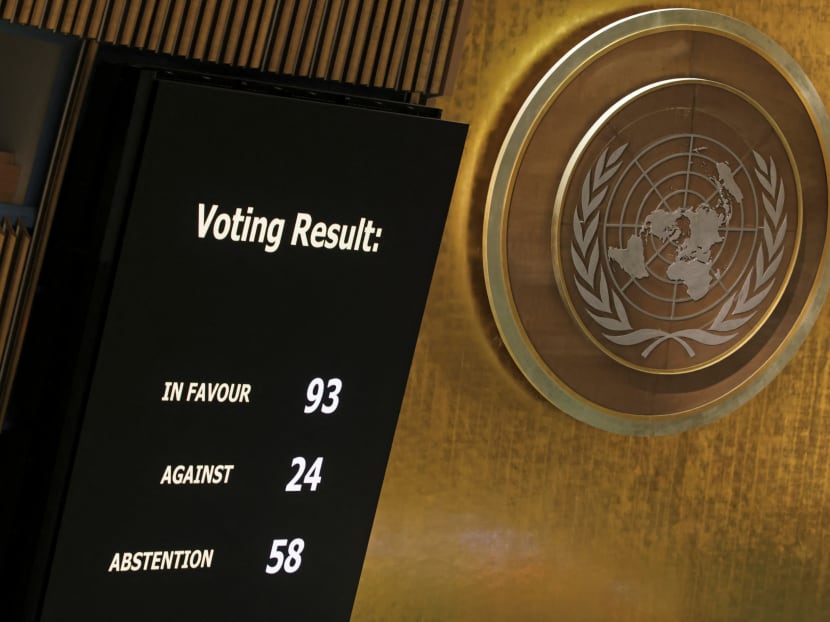 A display shows the results of voting on suspending Russia from the United Nations Human Rights Council during an emergency special session of the UN General Assembly on Russia's invasion of Ukraine, at the United Nations headquarters in New York City, United States.