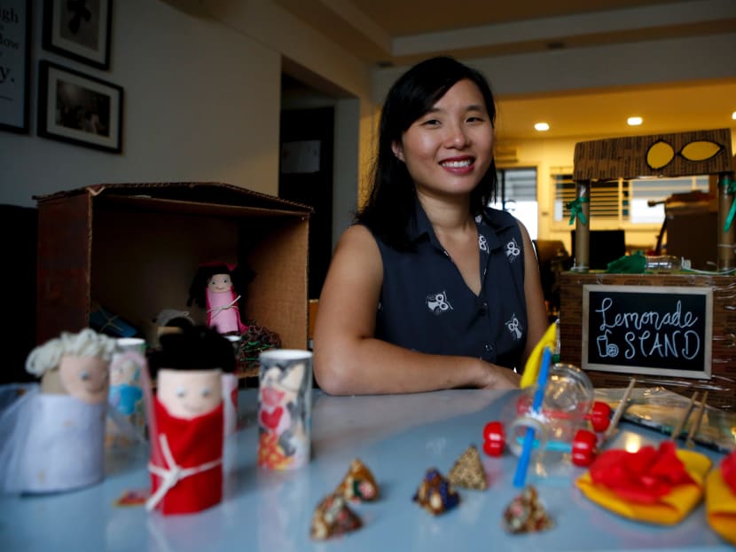 Sophia Huang with her toys she made from recycled items.