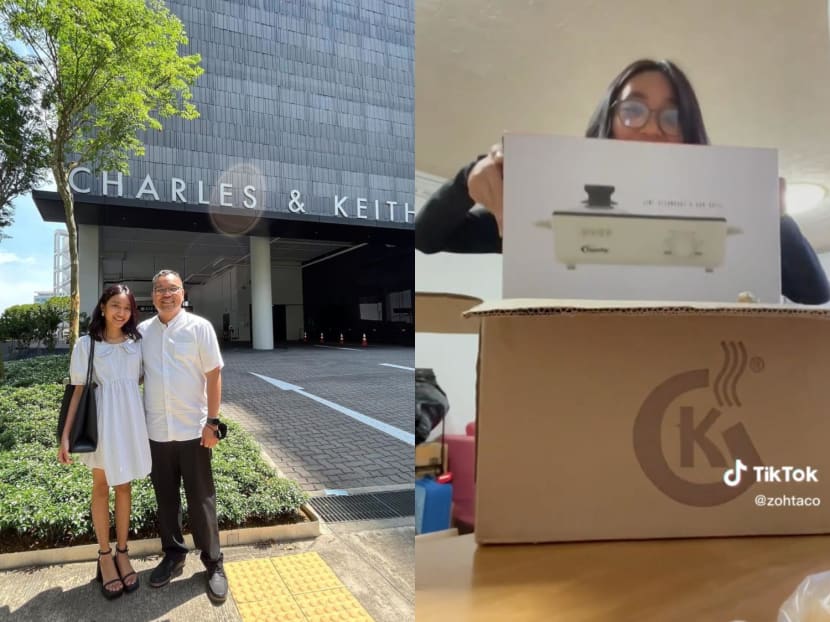 (Left) Zoe Gabriel and her father visit Charles & Keith's headquarters in Singapore on Thursday (Jan 12). (Right) Zoe unboxes a barbeque and steamboat grill as part of a TikTok video in partnership with PowerPac and two hawker stalls.