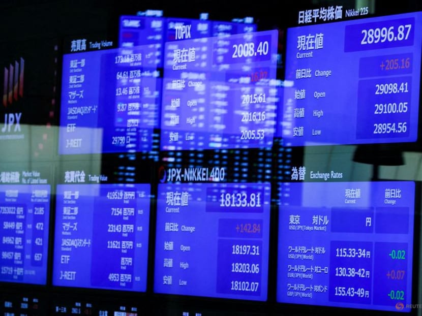 FILE PHOTO: Monitors displaying the stock index prices and Japanese yen exchange rate against the U.S. dollar are seen at the Tokyo Stock Exchange in Tokyo, Japan January 4, 2022. REUTERS/Issei Kato/File Photo