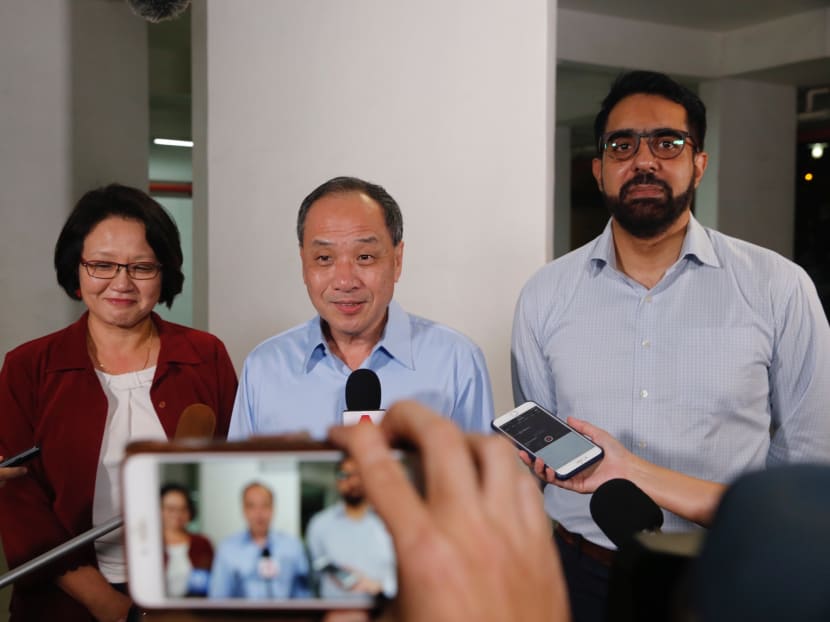 From left to right: The Workers' Party's Sylvia Lim, Low Thia Khiang and Pritam Singh. Photo: Najeer Yusof/TODAY