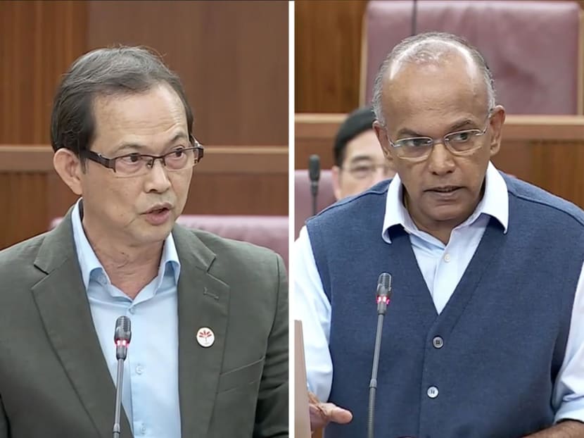 Progress Singapore Party's Leong Mun Wai (left) and Law and Home Affairs Minister K Shanmugam had a heated exchange in Parliament on March 22, 2023.