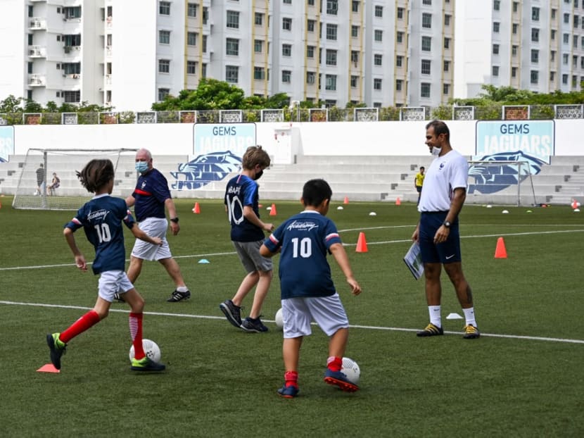 Students attend a French Football Academy training session at the GEMS World Academy in Singapore on Oct 17, 2020.