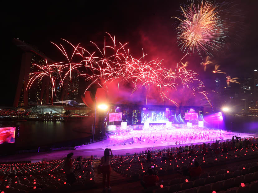 A fireworks display at the National Day Parade 2021 at the Floating platform on Aug 21, 2021.