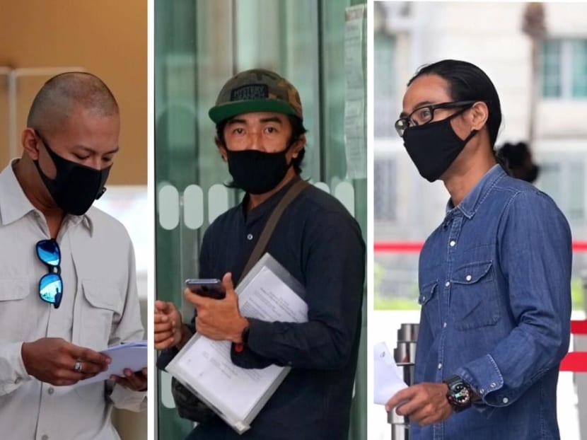 (From left) Rizani Sham Mohamed Hussin, Zulman B Mashonain and Mohamed Hafiz Mat Nadar outside the State Courts on May 18, 2020.