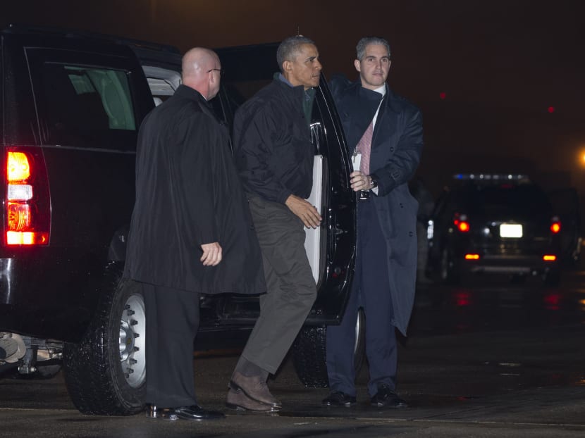 President Barack Obama arrives at Andrews Air Force Base today (Jan 24) to board Air Force One for a trip to New Delhi, India, by way of Ramstein Air Base, Germany. Photo: AP