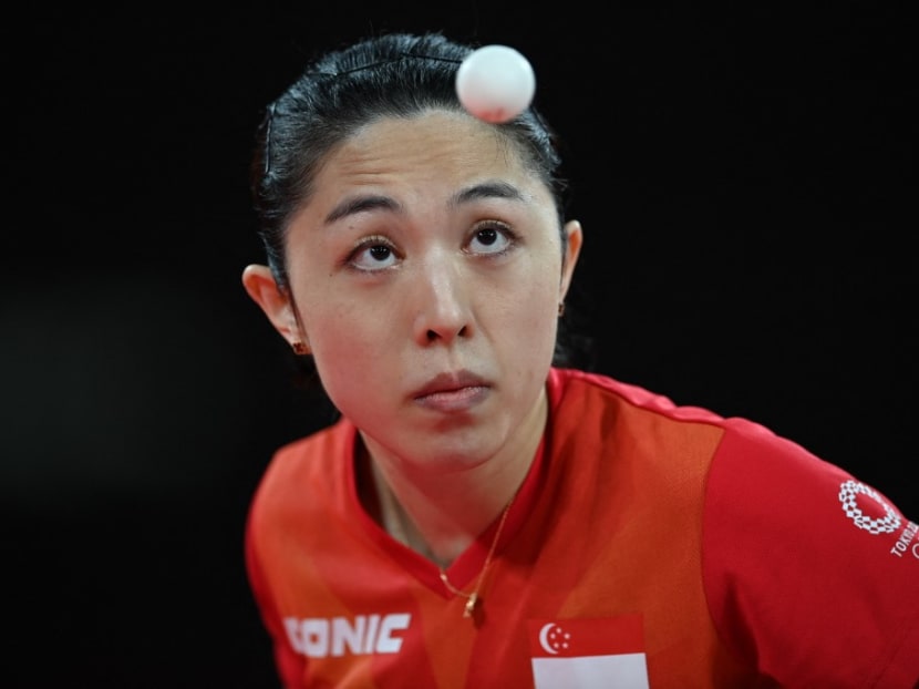 Singapore's Yu Mengyu serves to China's Chen Meng during their women's singles semifinals table tennis match at the Tokyo Metropolitan Gymnasium during the Tokyo 2020 Olympic Games in Tokyo on July 29, 2021.