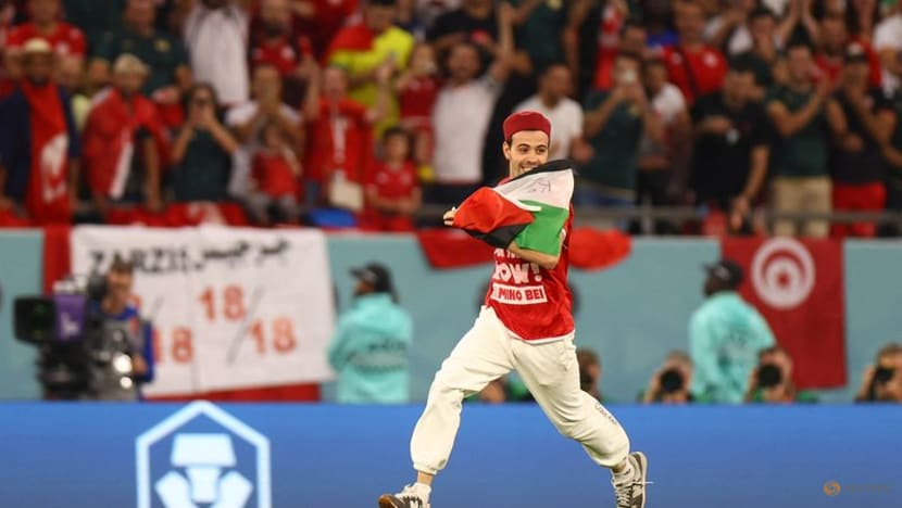 Supporter runs onto pitch during Tunisia v France game with Palestinian flag Supporter runs onto pitch during Tunisia v France game with Palestinian flag