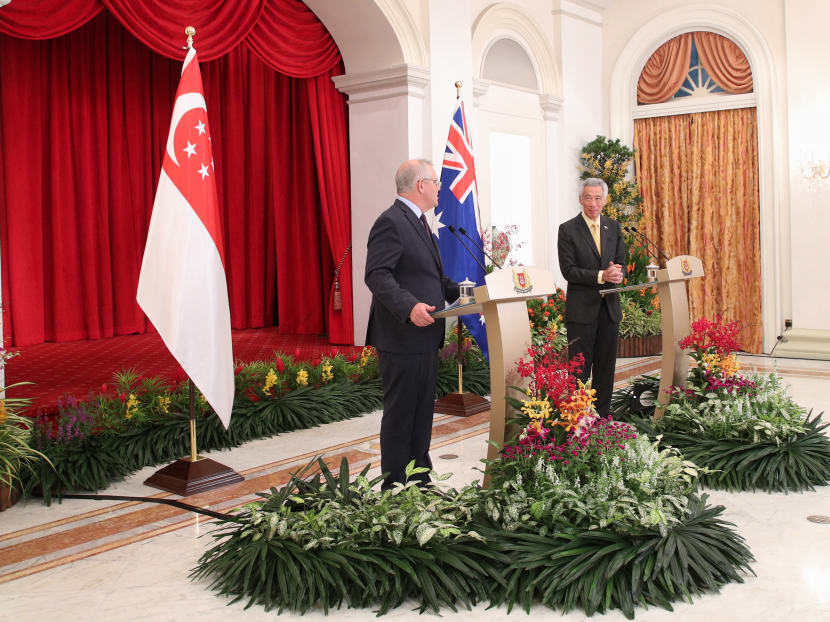 Prime Minister Lee Hsien Loong (right) meeting his Australian counterpart Scott Morrison at the Istana on June 10, 2021.
