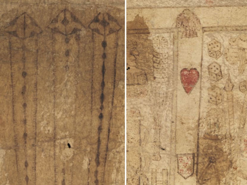 The "birthing girdle" is covered with images such as the three nails from Christ’s crucifixion (left) and a cross with red heart and shield (right).
