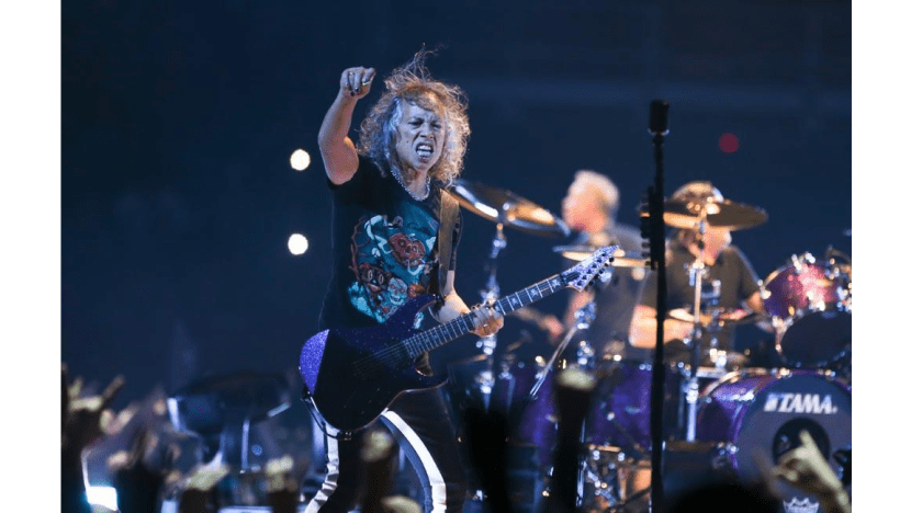Metallica's Kirk Hammett takes a tumble on slippery guitar pedal