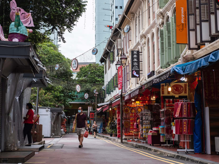 Chinatown, which is usually buzzing with crowds in the lead-up to Chinese New Year, is quieter in 2021, with bazaars and fairs either cancelled or scaled down. Chinatown, which is usually buzzing with crowds in the lead-up to Chinese New Year, is quieter in 2021, with bazaars and fairs either cancelled or scaled down.