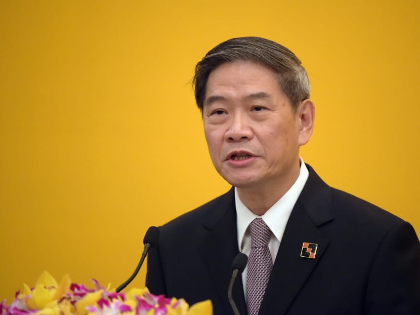 Zhang Zhijun, Director of Taiwan Affairs Office of the State Council debriefs the media  at the Shangri-la Hotel on Saturday, Nov. 7, 2015, in Singapore. Photo: AP