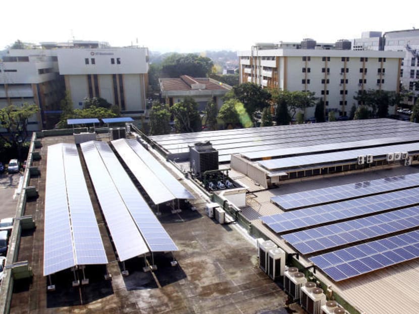 Solar panels seen on an industrial building at Ang Mo Kio Industrial Park. Photo: Ernest Chua