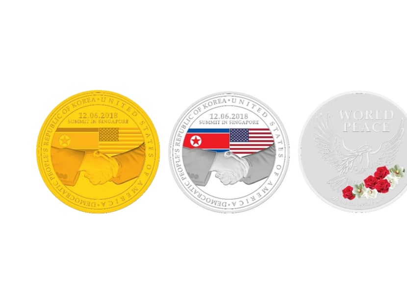 (L-R) The gold, silver and nickel-plated zinc proof-like medallion commemorative coins by Singapore Mint.